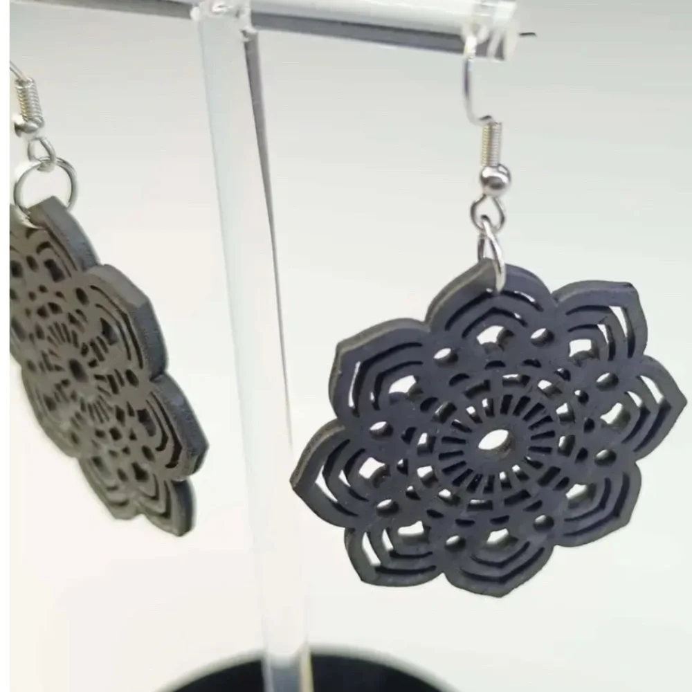 Black Flower Boho Wood Earrings - Picture 2 of 4